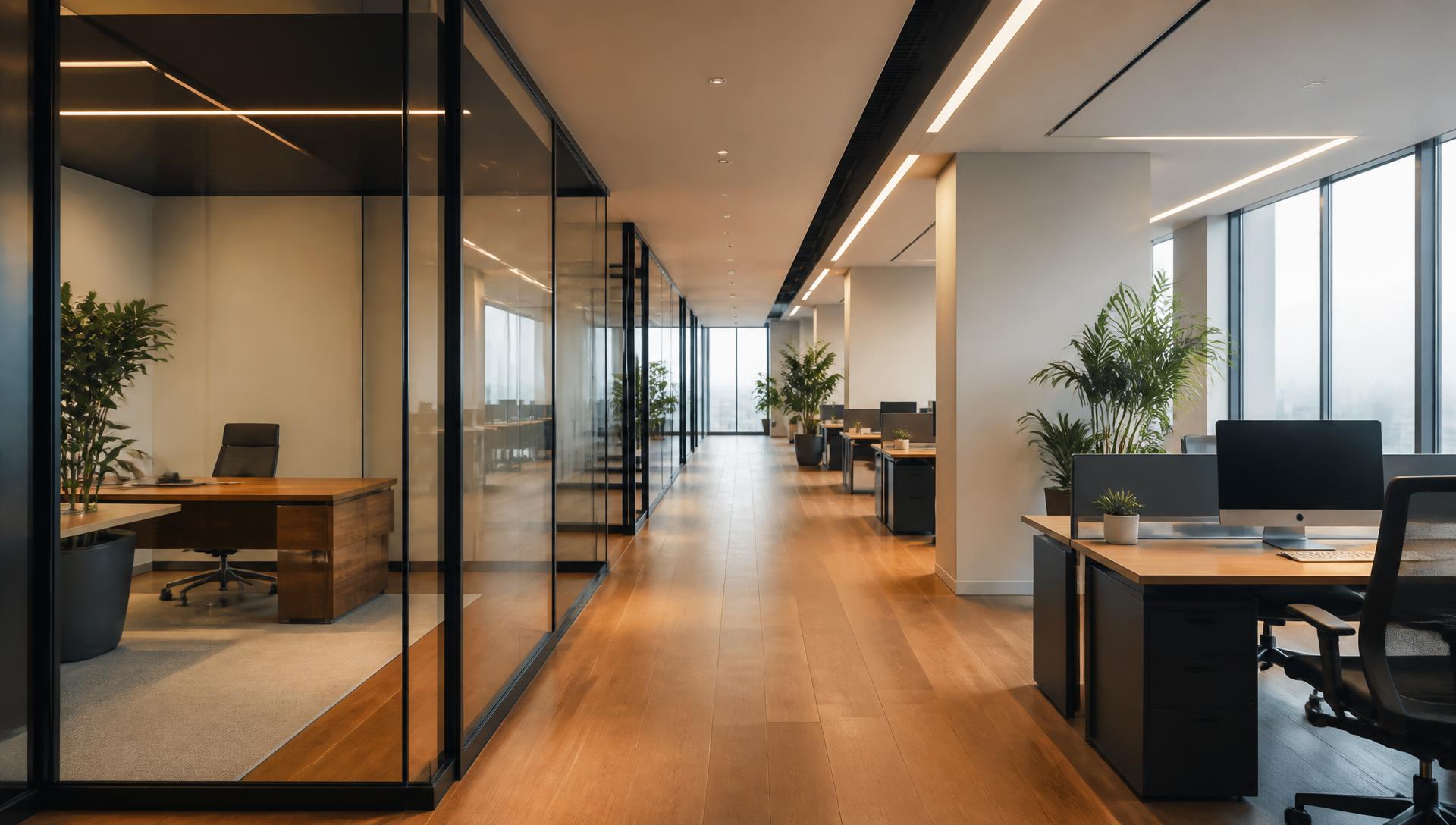 Luxury corporate office interior with glass cabins and wooden flooring